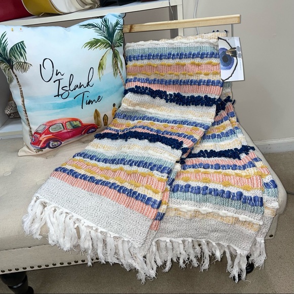 London kaye Bedding London Kaye Decorative Throw Multicolor Striped Embroidered Fringe Trim